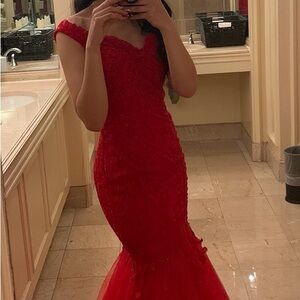 Camille La Vie Red Off-Shoulder Lace Mermaid Maxi Dress